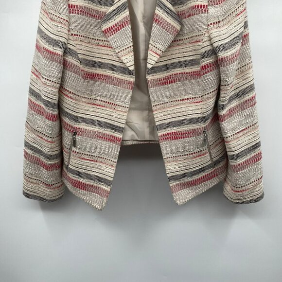 TAHARI Womens Textured Striped Blazer Open Front Cream/Multi Size 16 Pockets - Picture 3 of 9